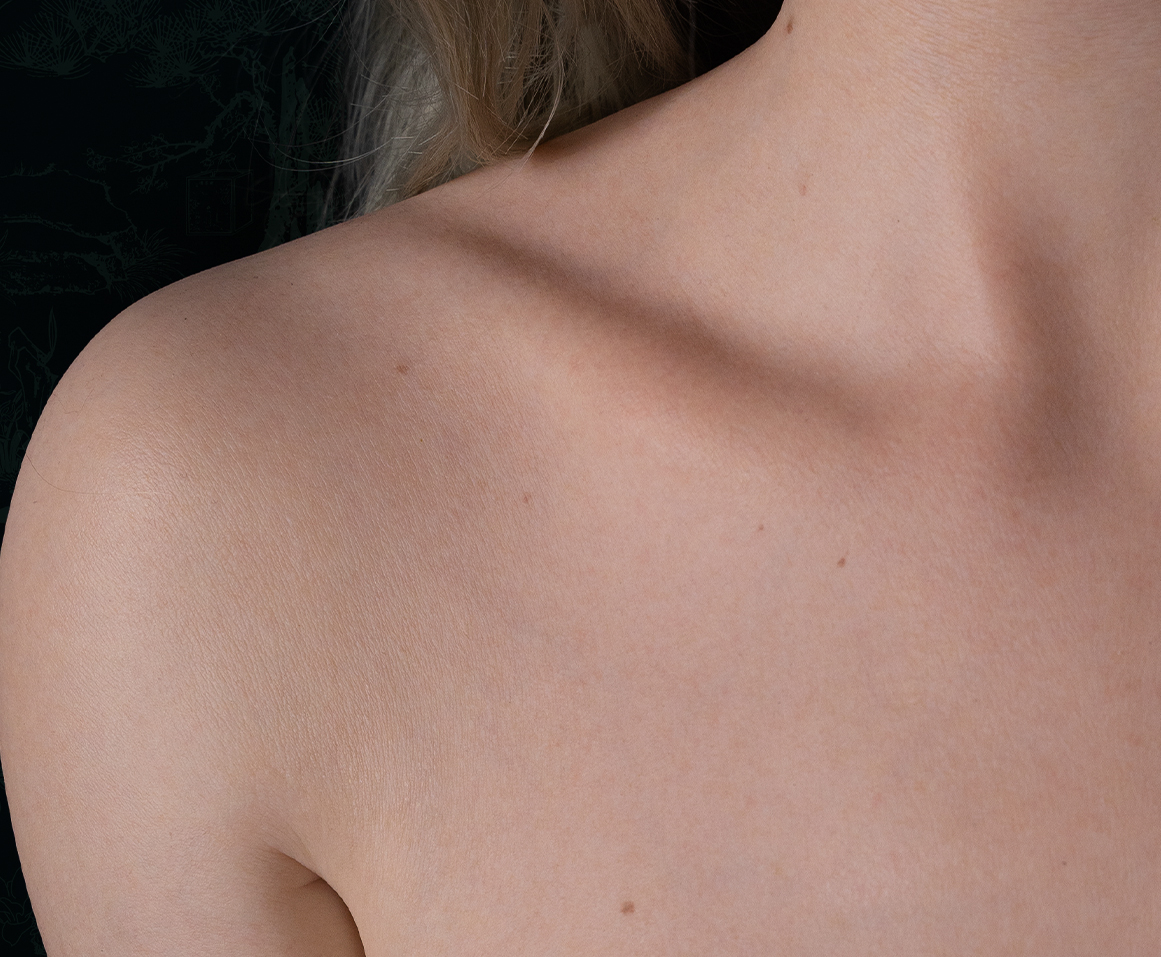The high level of detail on the front shoulders, neck, clavicle and chest of a Zelex full silicone Inspiration Series 2.0 sex doll, available now in New Zealand.