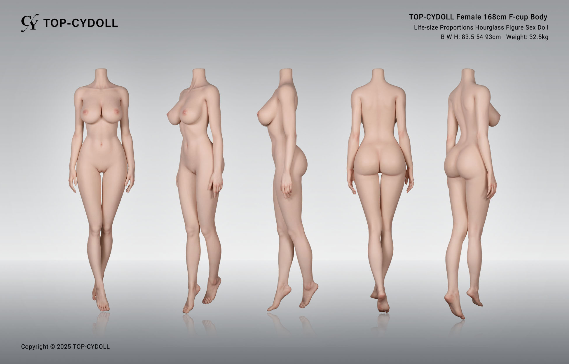 Technical data of the Top CY Doll 168 cm F Cup sex doll, available in silicone and TPE.