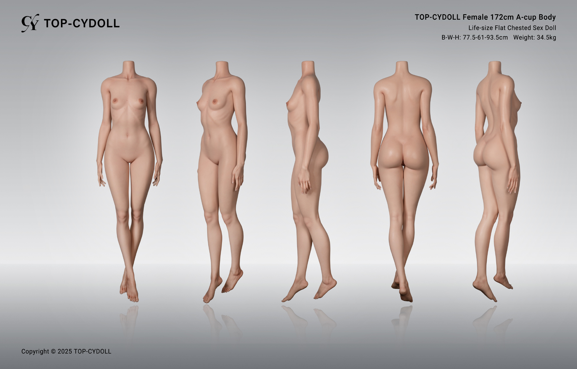 A visual guide to the Top CY Doll 172 cm A Cup sex doll body, showing the figure from different angles.