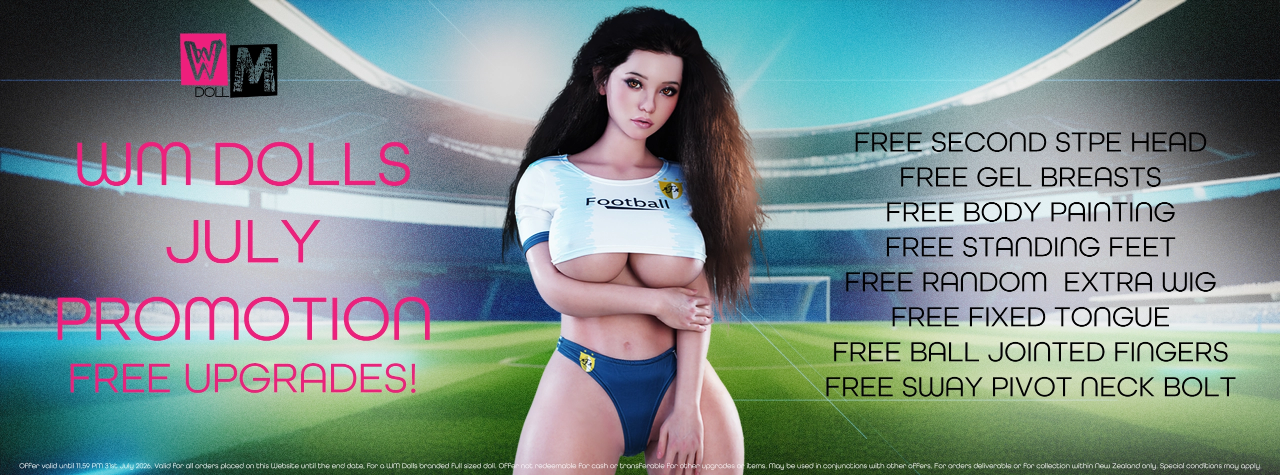 WM Dolls July promotion featuring free upgrades on all sex dolls.